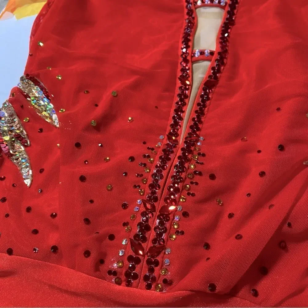 Fire flame Custom Solo lyrical embellished rhinestone Dance Costume LA adult